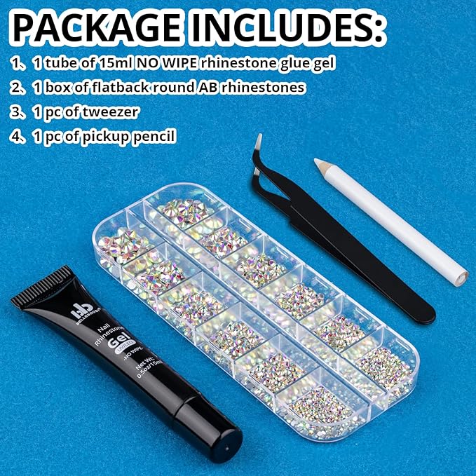 BELLEBOOST Nail Art Rhinestone Glue Gel&1 Box Flatback Gems Kit, 1 Tube of 15ml Rhinestone Gel Glue(UV/LED Needed)+Crystal AB Gems with Pickup Tools