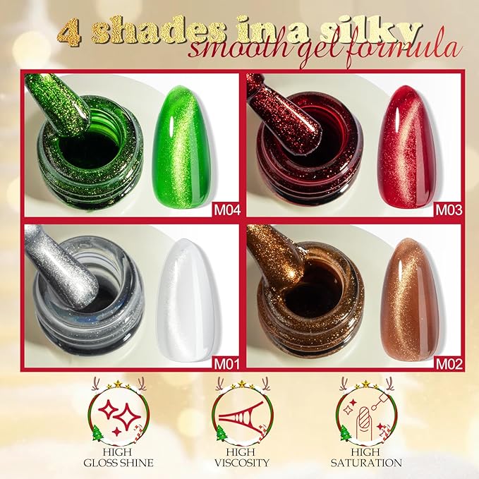 NXJ INFILILA Cat Eye Gel Nail Polish Set, 4 Colors 15ML Magnetic Nail Polish Kit - Christmas Red Green Silver Orange Glitter Gel Polish for LED/UV Lamp, DIY Home Salon Manicure Gifts for Women
