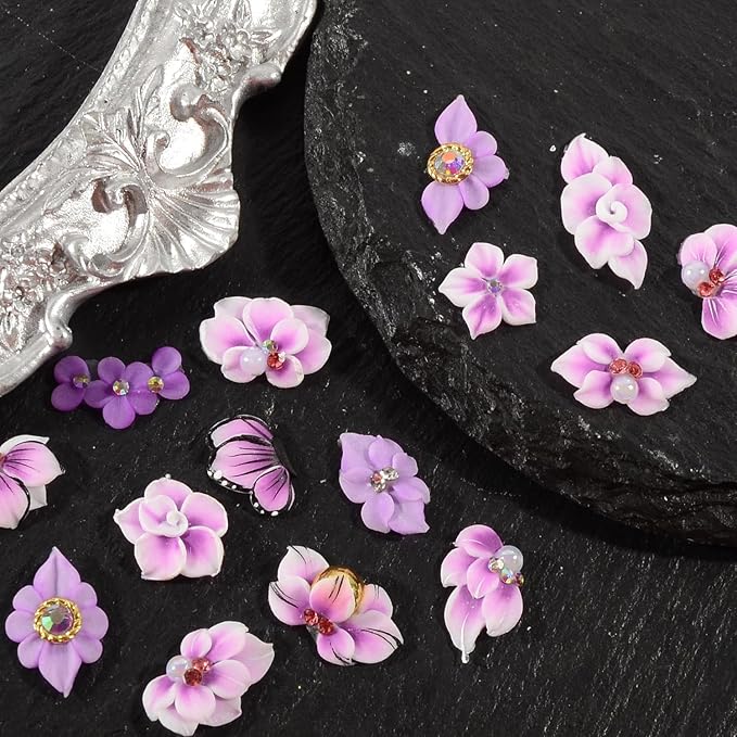 30PCS 3D Handmade Flower Nail Art Charms Advanced Handcrafted Cherry Blossom Flower Colorful Sculpted Floral Nails with Rhinestone Caviar Beads Design for Women Profession Nail Art Craft Jewelry