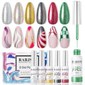 RARJSM Metallic Painting Gel Nail Polish Set,Black Silver Gold Green Pink Black Glitter Platinum Effect Drawing GelPolish 6 Pieces,Curing Reqired Nail Art Design Dotting Gel Liner Brush Pen Tool 8ml