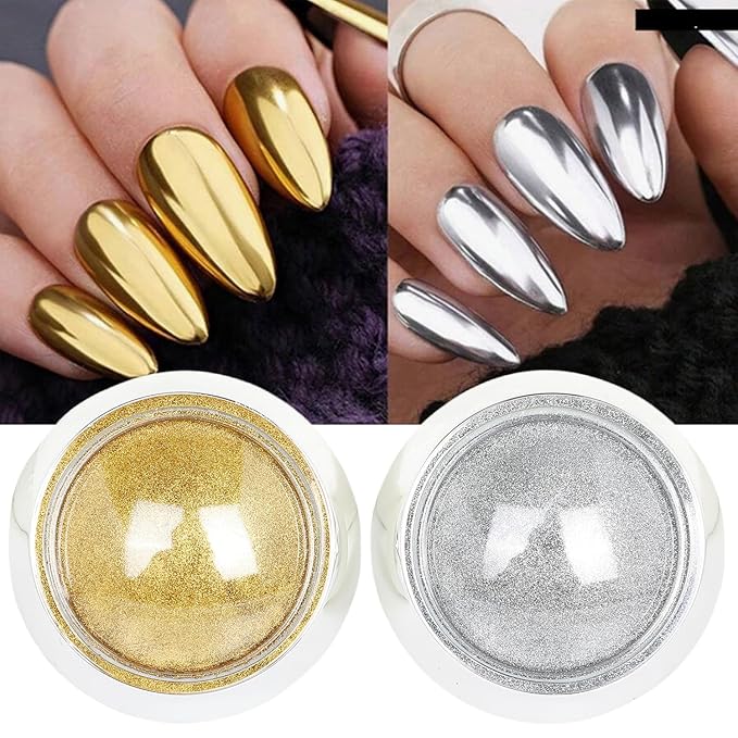 Chrome Nail Powder - 4 Jar Metallic Mirror Effect Pigment for Nail Gel Manicure DIY at Home Salon Women Gifts - Gold, Sliver, Glass Chrome, Pink Aurora