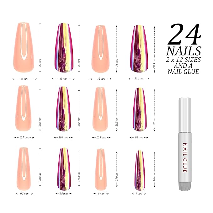 Hypnaughty 24 Pcs Raspberry Golden Chrome & Peach Extra Long Coffin Press On Nails and Glue Reflective Mirror XL False Nails (Raspberry Golden Chrome & Peach)
