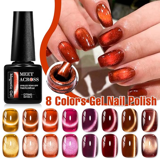 MEET ACROSS 9PCs Cat Eye Gel Nail Polish Set, Amber Brown Wine Burgundy Red Coral Caramel Jelly Cat Eye Gel Polish with Magnet, Fall Winter DIY Manicure Gifts