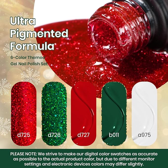beetles Gel Polish Set - Stain Carol Collection, Sparkling Red Green White Glitter Nail Kit, Soak Off UV LED Gel Polish Gift for Women with Nail Strengthener Gel