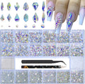 Nail Art Rhinestones - 12 Types of 600 Crystal AB Diamonds, 3D Flatback DIY Pearls, Gems, Beads, Flat Back Stones Set, with Kit, for Nail Art Decor