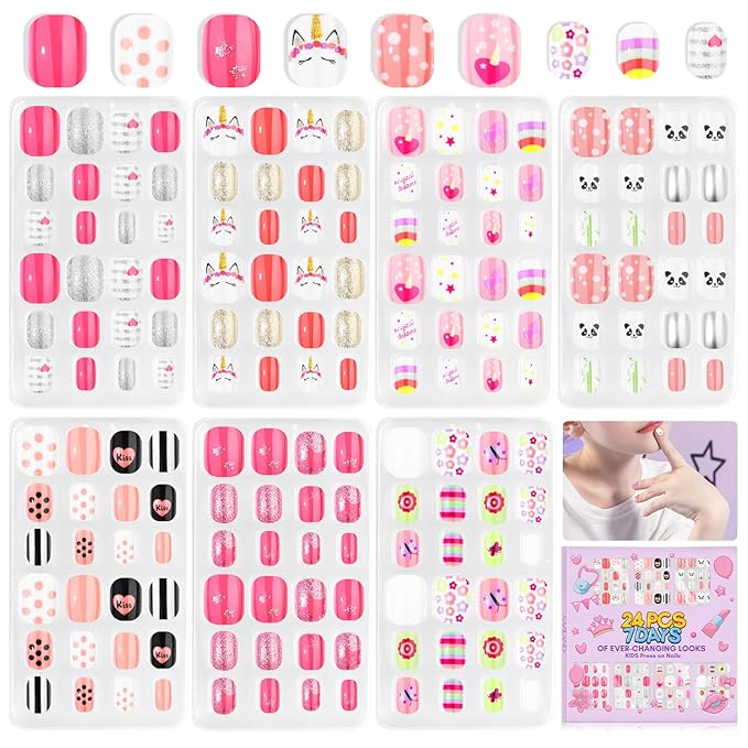 Saviland Kids Press on Nails - 168Pcs 7 Packs Press on Nails 1 Week Styles Kids Nails Adhesive Tab Full Cover Colors & Patterns False Nail Art Kits Sets Christmas Gifts for 8-12 Years Old Kids Girls