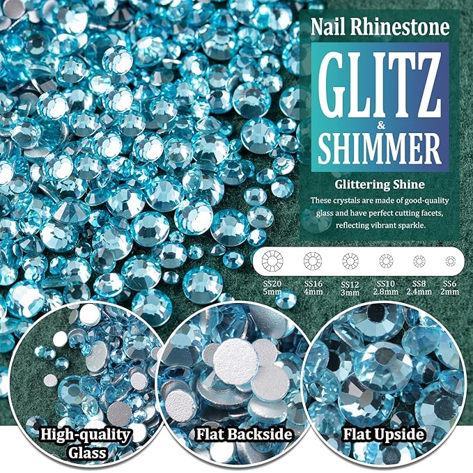 Multi Shapes Lake Blue 3D Glass Crystal Nail Art Rhinestones Kit with Flatback Round Bead Charm Gem Stone Jewelry Diamond with Pickup Pen + Tweezer for Manicure Makeup DIY Craft Decoration