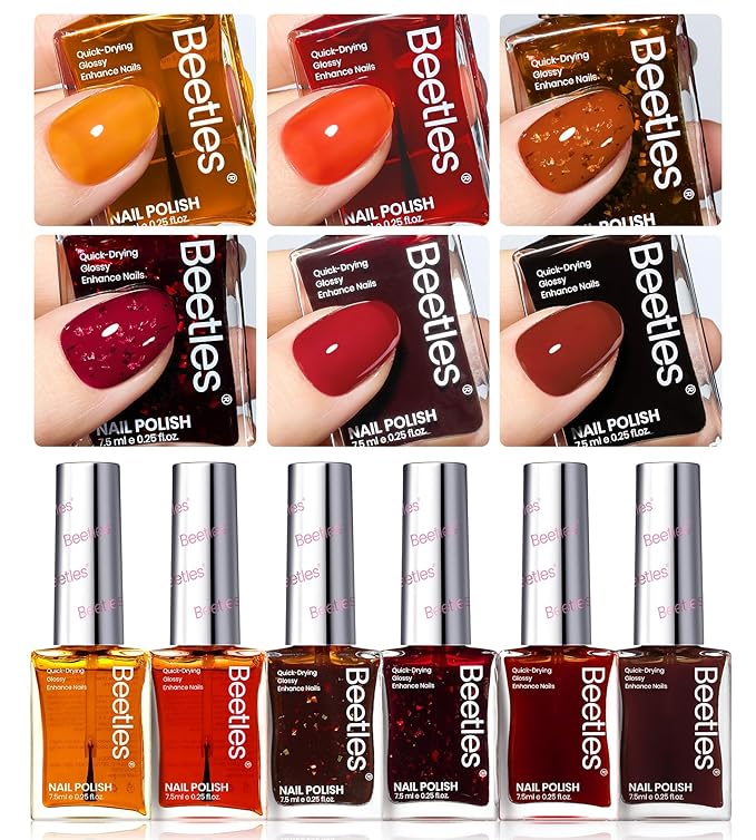 Beetles Valentines Nail Polish Set - Golden Harvest 6 Colors Quick Drying Long-Lasting Burgundy Red Brown Jelly Glitter Valentines Nail Polish for DIY At-Home Manicure Valentines Gift for Women
