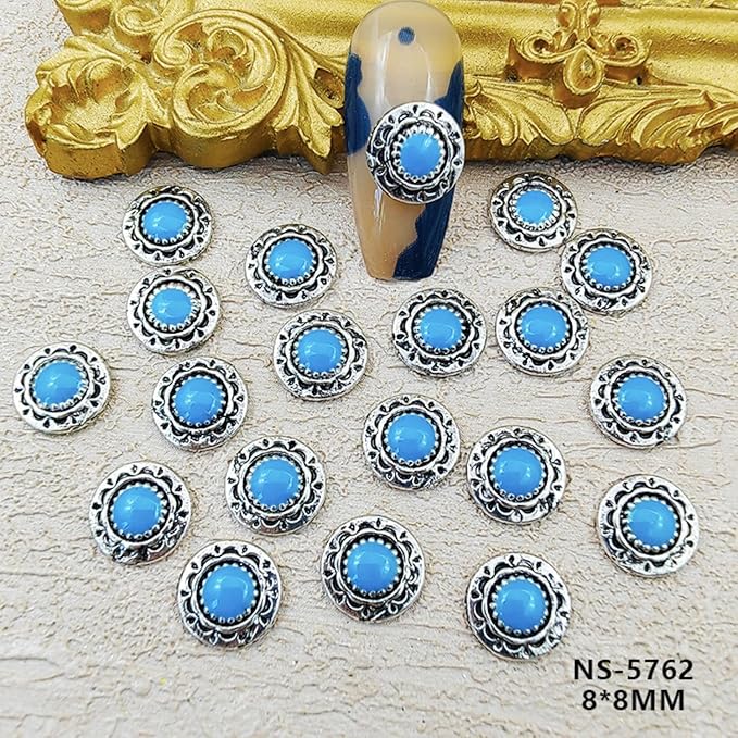 50pcs Western Nail Art Jewelry 3D Turquoise Jewelry Vintage Mixed Oval Blue Pink Marble Nail Art Jewelry for Nail Phone Case Halloween Wedding Party Decoration DIY