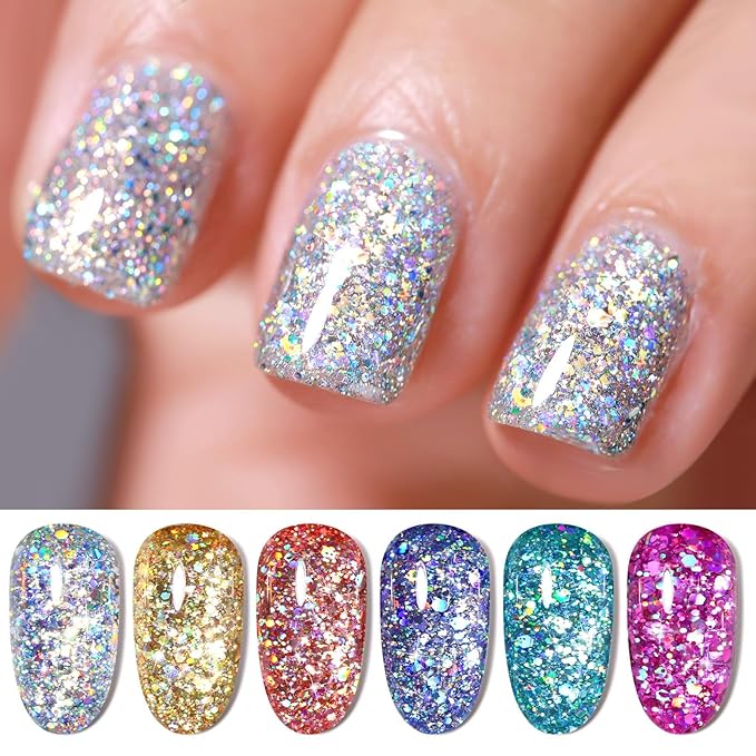 Born Pretty Glitter Gel Nail Polish Set Sparkly Shiny Gold Silver Pink Glitter Gel Polish Kit Soak Off U V Nail Gel Gift Box Nail Art Manicure Varnish Kit 7ML 6PCS