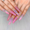 Artquee 36pcs Pink Ombre Crystal Press on Nails with 3D Rhinestones Mixed Pink Metal and Glitter Glossy False Nails Long Ballerina Coffin Flash Fake Nail Tips Manicure for Women