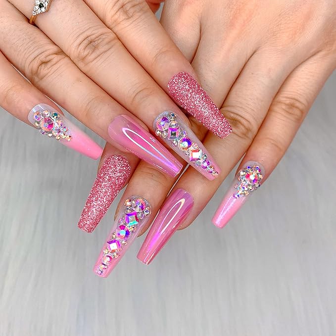 Artquee 36pcs Pink Ombre Crystal Press on Nails with 3D Rhinestones Mixed Pink Metal and Glitter Glossy False Nails Long Ballerina Coffin Flash Fake Nail Tips Manicure for Women