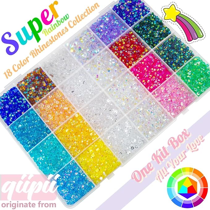 24000Pcs 18 Color 3mm Transparent AB Resin Rhinestones w B7000 Glue for Bedazzling Crafting Flatback Colorful Stones Crystals Gems Diamonds Charms for Nails Face Makeup Tumblers Bottles Crafts