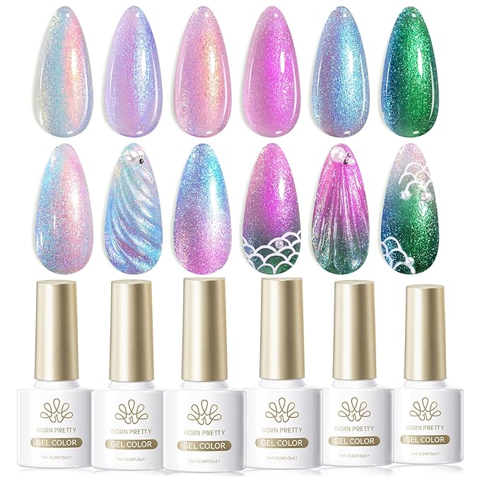 Born Pretty Pearl Gel Nail Polish, Shell Glimmer Shimmer Mermaid Glitter Chameleon Gel Polish Transparent Pearlescent Gel Polish Nail Art Manicure Varnish 6 Colors 7ml Collection Gifts