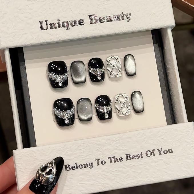 Short Square Press on Nails - Handmade Manicure Art Reusable False Nails 10pcs with Solid Nail Glue, Nail Adhesive Tabs, Strong Nail Glue (2777 Medium)