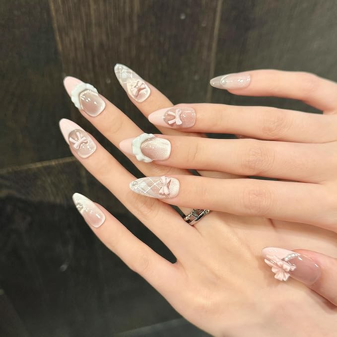 3D handmade Gel nails press on false nails Almond pink white,pearl bow Stripes french elegant cute acrylic Reusable fake nails designed kit,10 Nails Size S #405