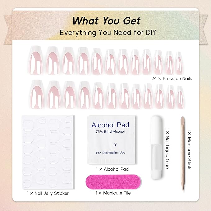Pearlescent Press on Nails Medium, Glazed White French Fake Nails Coffin Chrome Acrylic Press Ons for Women, Natural Fit Full Cover Glue on Nails in 12 Sizes - 24 Pieces Nail Kit