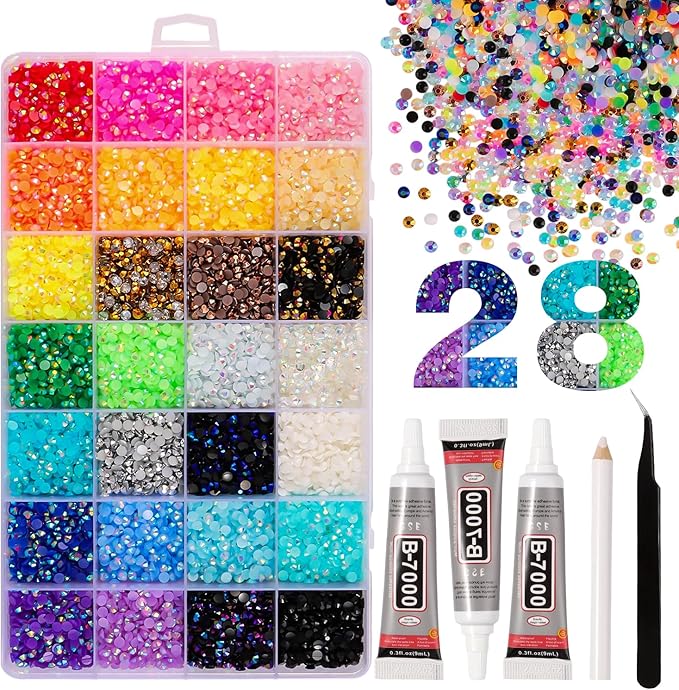 28 Colors Resin Jelly Rhinestones for Bedazzling, 4mm 13000Pcs Flatback Gems for Crafting, Bedazzling Kit with B7000 Glue for Clothing Shoes Nail Book Diamond Art