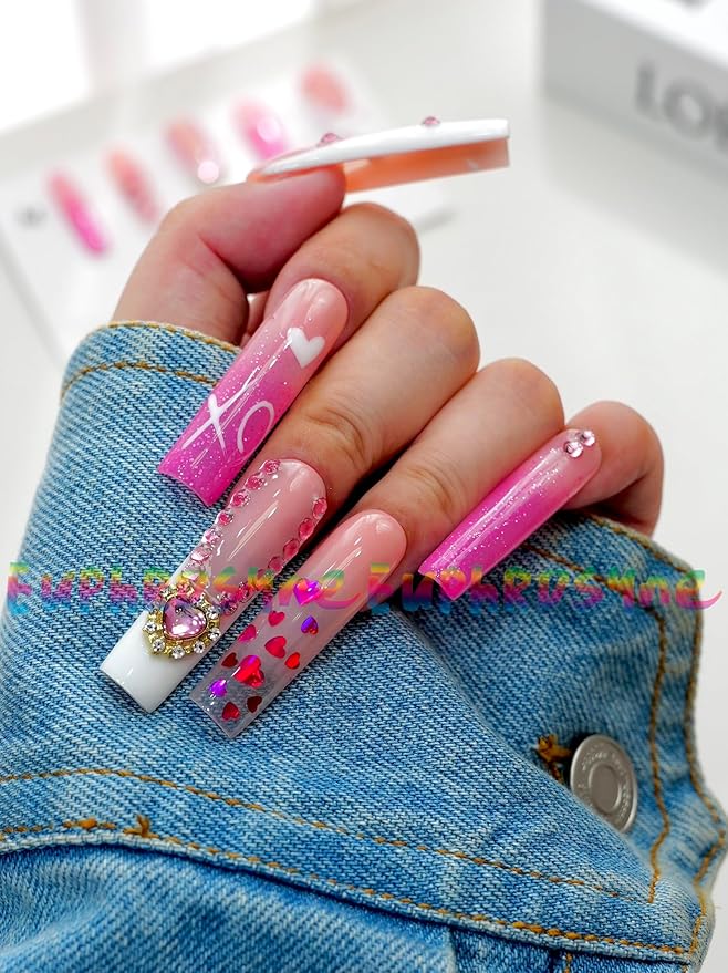 Pink Heart Press On Nails – 10PCS Long Square Fake Nails with Rhinestones, Glitter Hearts & 3D Flower Charms, Glossy Reusable Valentines Nails for Women and Girls – Euphrosyne
