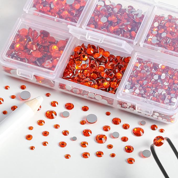 Beadsland 4300pcs Flatback Rhinestones,Orange Rhinestone Nail Gems Round Crystal Rhinestones for Crafts,Mixed 6 Sizes with Picking Tweezers and Wax Pencil Kit, SS6-SS20,Hyacinth/Orange