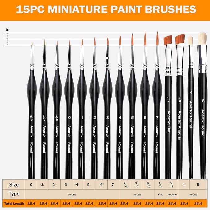 Miniature Brush Dry Brushes, Aoartix 15 Pcs Model Brush Set for Acrylic Oil Watercolor Face, Detail Dry PaintBrushes for Models Miniatures Digital Small Crafts Painting Supplies- Triangular Handles