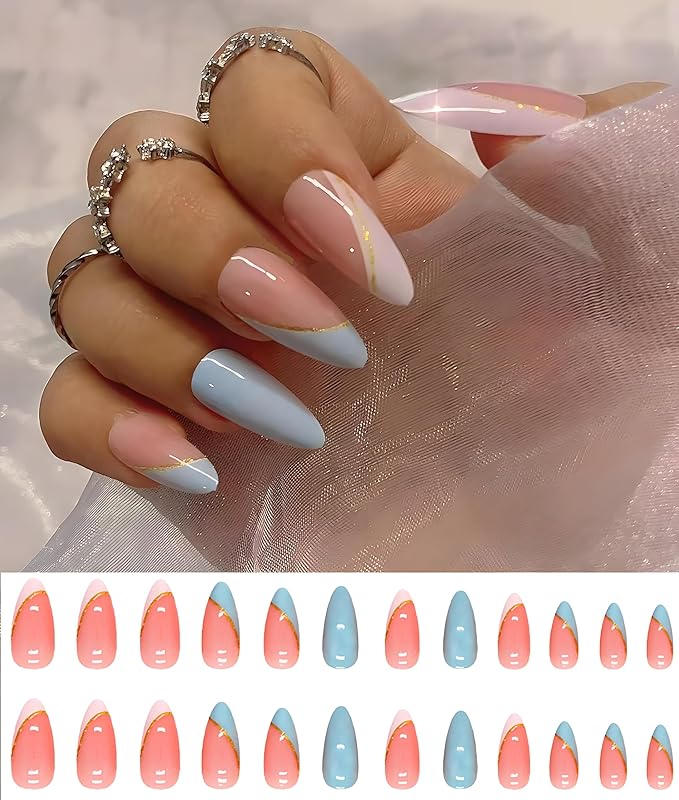 Pre-Designed Almond Press on Nails Kit for Finger by Asenei, 168 Pieces, 7 Designs, with 2 Bottles Nail Glue and Nail tools, All in 1 Press on False Nails (almond finger nail kit)