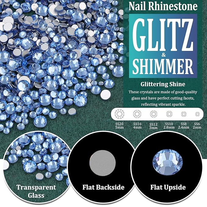 BELLEBOOST Multi Shapes Light Blue 3D Glass Crystal Nail Art Rhinestones Kit with Flatback Round Bead Charm Gem Jewelry Diamond with Nail Art Pens + Tweezer for Manicure Makeup DIY Craft Decoration