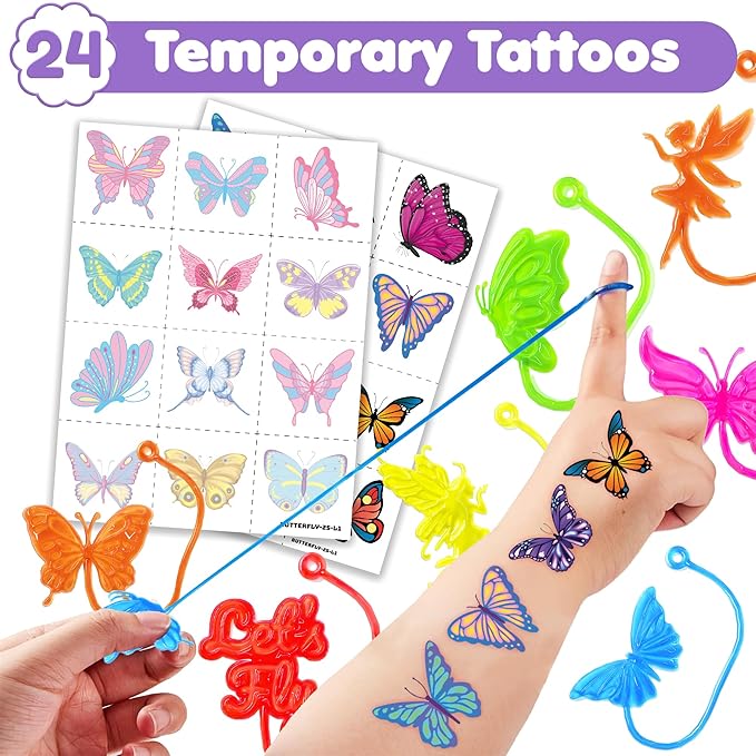 48PCS Butterfly Party Favors - 24PCS Temporary Tattoos & 24PCS Stick Hands Party - Perfect Birthday Party Supplies, Goodie Bag Stuffers, Treasure Box Toys, Classroom Prizes, and Student Gifts
