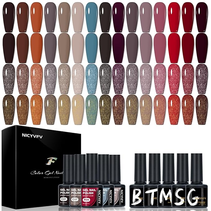 20 PCS Gel Nail Set, 15 Colors Gel Polish Set Dark Red Brown Grey Shades, with Gold Silver Glitter and Glossy Matte Top Coat, Base Coat, for Women Gift Kit