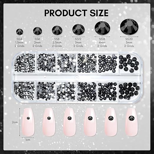 Makartt, 1110 Pcs Rhinestones Set, Black, Round, Multi-Size, Glass or Crystal, for DIY Crafts, Nail Art Supplies Accessories, Christmas Gift