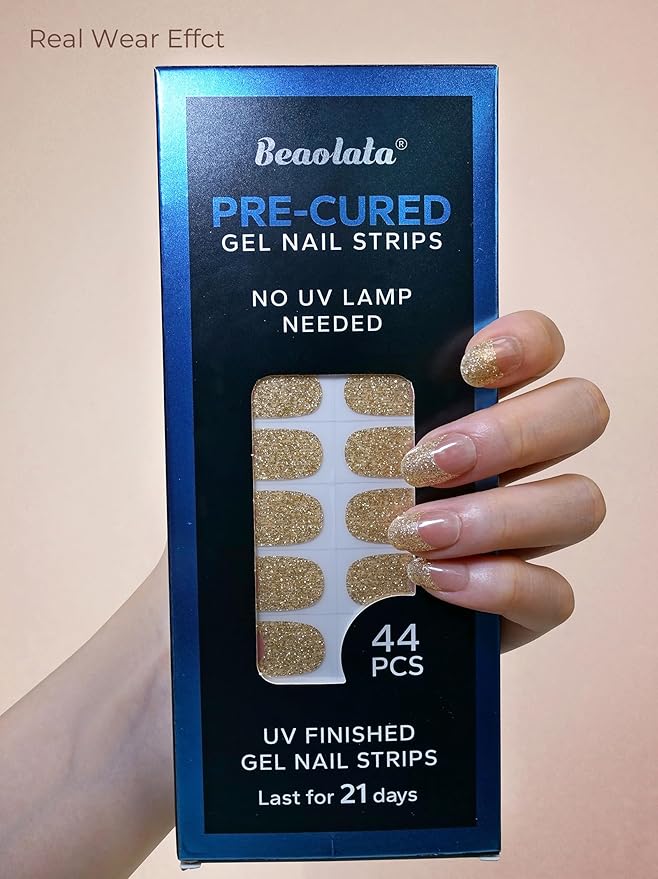 Pre Cured Gel Nail Strips - 44PCS Salon Quality Gel Nail Stickers - Long Lasting Polish Wraps for Women no UV Light Needed Easy Apply & Remove (Gold Haze