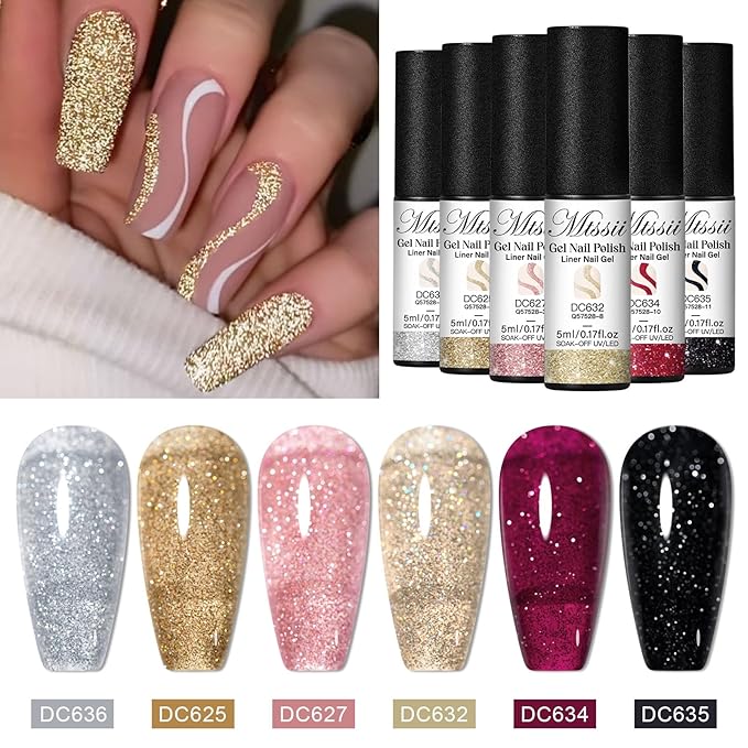 MTSSII Reflective Glitter Liner Nail Gel With Thin Nail Art Brush In Bottle, Sparkly Golden Silvery Nail Art Polish, Painting Liner Gel Polish for Swirl Nails Cyber Punk French Acrylic Nail