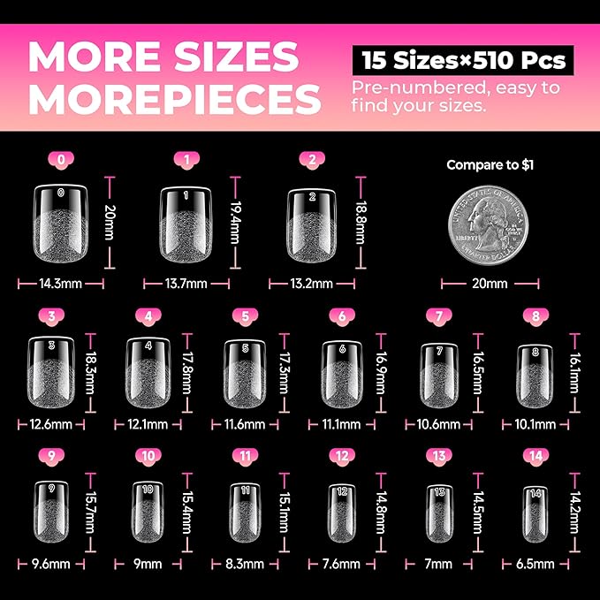 UNA GELLA Short Square Gel Nail Tips, 510Pcs Short Square Press on Nails 15 Sizes Half Matte Fake Acrylic Full Cover Nail Tips Clear No C Curve False Nails for Nail Extensions DIY Home Salon for Women
