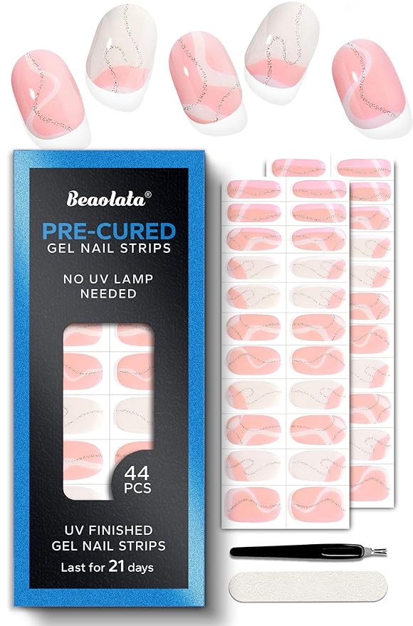 Pre Cured Gel Nail Strips - 44PCS Salon Quality Gel Nail Stickers - Long Lasting Polish Wraps for Women no UV Light Needed Easy Apply & Remove (Marble Pink)