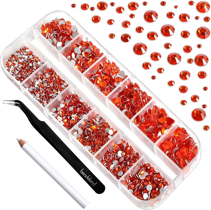Beadsland Rhinestones for Makeup,8 Sizes 2500pcs Orange Flatback Rhinestones Eye Gems for Nails Crafts with Tweezers and Wax Pencil,Orange,SS4-SS30