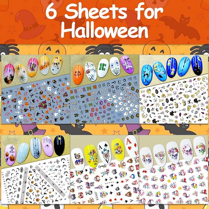 TailaiMei 24 Sheet All Holidays Nail Art Stickers, Christmas Valentine's Day Mixed Seasons Variety Pack for Halloween Fall Nail Decals, Self-Adhesive Design Thanksgiving Nail Decorations (Classical)
