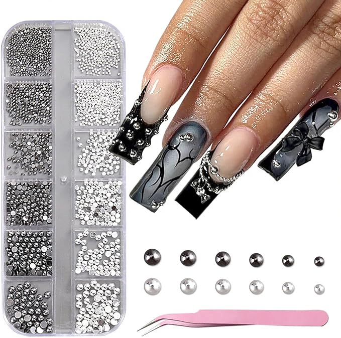 Nail Caviar Beads Set, Mixed Size Silver & Black Metal Alloy Nail Beads for Nail Art, Half-Round Flatback Y2K Nail Decorations Accessories with Tweezers, Professional Manicure Supplies