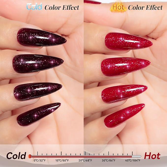 YTD Likomey Color Changing Gel Nail Polish,15ml Red To Dark Cherry Red Glitter Mood Temperature Change Colors Fall Winter Thermal Ombre Manicure Shimmer UV Varnish,HEMA Free TPO Free,WB504