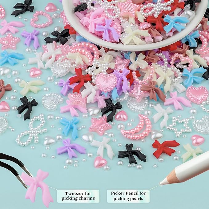600 Pcs 3D Nail Charms and Flatback Pearls #5, 8 Colors Bow + Pink&White Star Heart Moon Cute Charms + 2-6mm White Pearls for Nail Art Design with Nail Charm Glue(UV Needed) and Pickup Tools