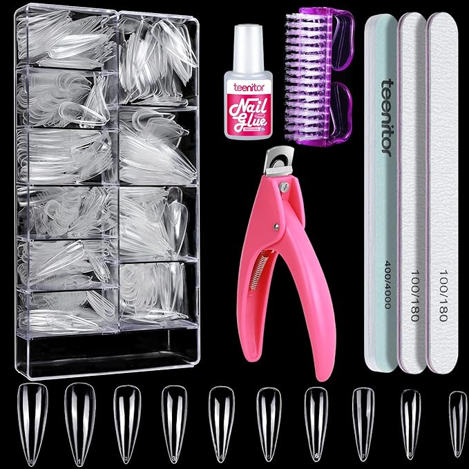 Clear Stiletto Nail Tips Full Cover, Teenitor 600pcs Long Nail Tips for Acrylic Nails, Long Acrylic Stiletto Fake Nail Tips with Glue, Clear Almond Stiletto False Nail Tips, Acrylic Nail Clipper, Nail Glue, Nail File Buffer