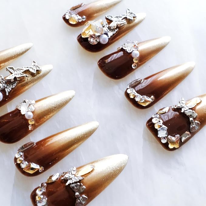 Luxury Long Stiletto Press-On Nails, Brown and Gold Stiletto with 3D Rhinestones and Pearls, Handmade False Nail 10 Pieces (Small, LS)