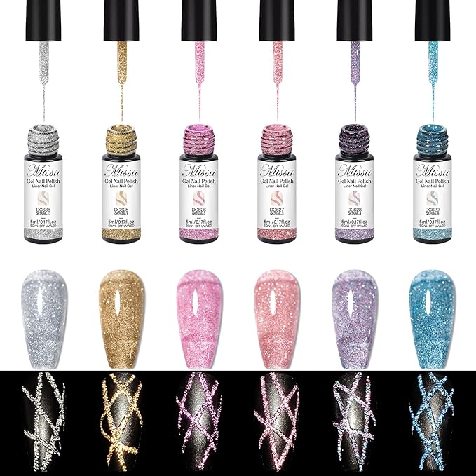MTSSII Reflective Glitter Liner Nail Gel, Paint Gel With Thin Art Brush In Bottle, Sparkly Liner Nail Art Polish, Painting Polish for Swirl Nails Cyber Punk French Acrylic Nail