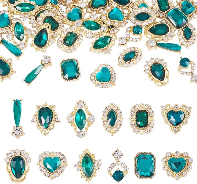 KISSITTY 48pcs Nail Art Rhinestones Flat Back Rhinestone Crystal Cabochons Green Color Heart Teardrop Rectangle Shape Small Embellishments for Nail Art Craft Decoration Jewelry Making