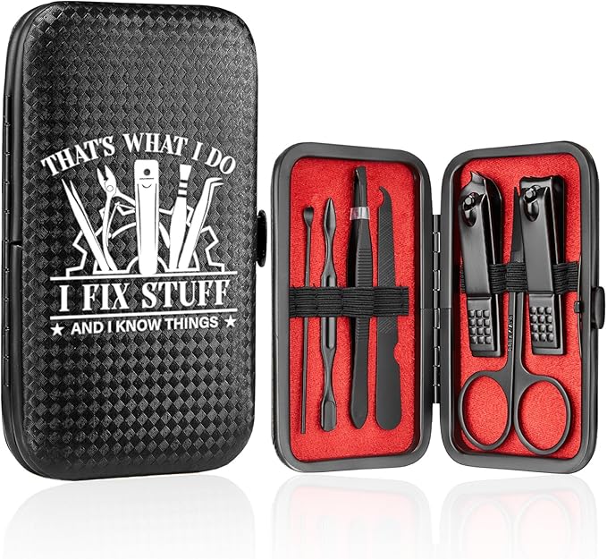 COSHAYSOO Personalized Mens Nail Grooming Kit 7 Pcs with Black Travel Case, Small Useful Funny Valentines Gifts for Coworker Male Manicure Set Nail Clipper Fingernail Care Tools