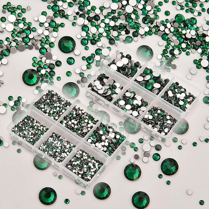 NCB 8000pcs Non Hotfix Rhinestones 10 Sizes Flatback Crystal Glass Rhinestones with Tweezers and Picking Pen for Nail Art Clothes Bags Phone Decorations Crafts DIY (010 Emerald Mix SS3-SS30)