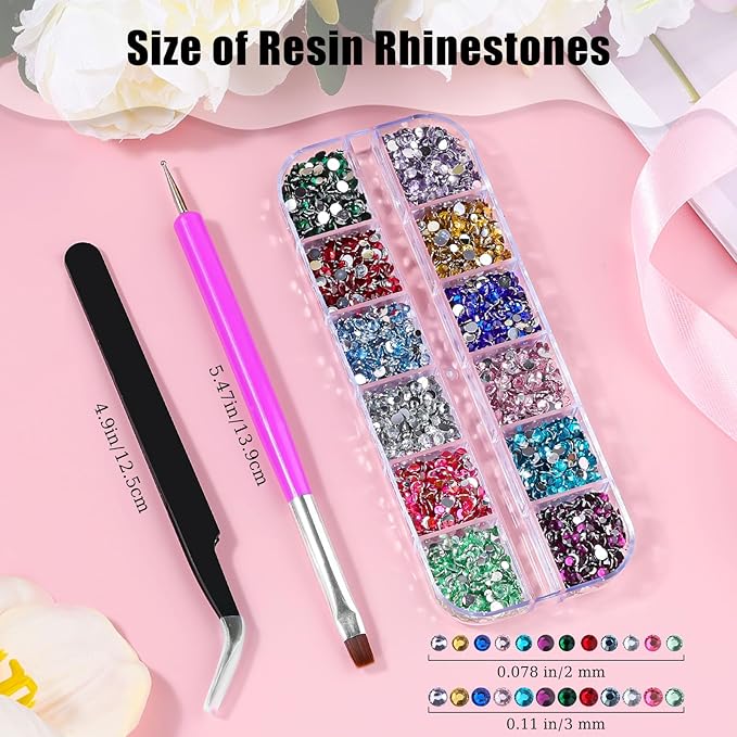 5000Pcs Resin Rhinestones for Nail Art, Small Colorful Rhinestone 2/3mm Bedazzling Flatback Crystals Nail Gems Nail Rhinestones with Pickup Tools for Manicure Decor Crafts DIY