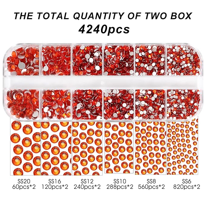 4240Pcs Orange Flatback Rhinestones 6 Sizes Crystal Diamonds for Nail Art Crafts Clothes Shoes with Tweezers and Picking Pen