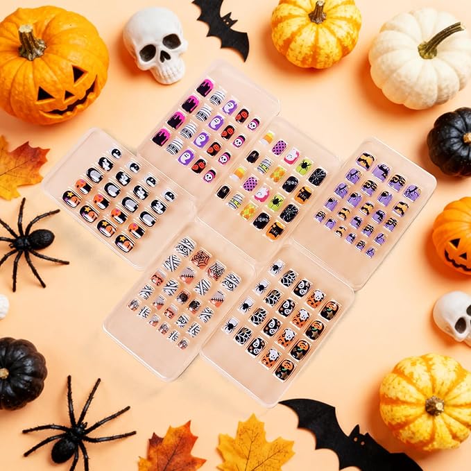 SIUSIO 6 Pack Press on Nails kids Children Acrylic Fake Nails Cute Pre-glue Full Cover Gradient Color Rainbow Short Stick On False Nail Art Kits Set for Kids Little Girls - Halloween Ghost