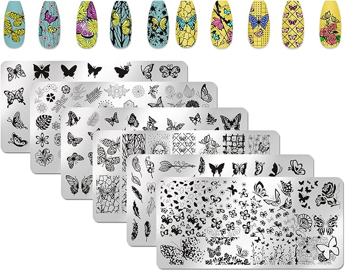 6pcs Butterfly Nail Stamping Plate Nail Stamping Kit for Nails Butterfly Flower Bird Feather Leaf Image Plates Stamper Kit Nail Stamping Plates for Nails