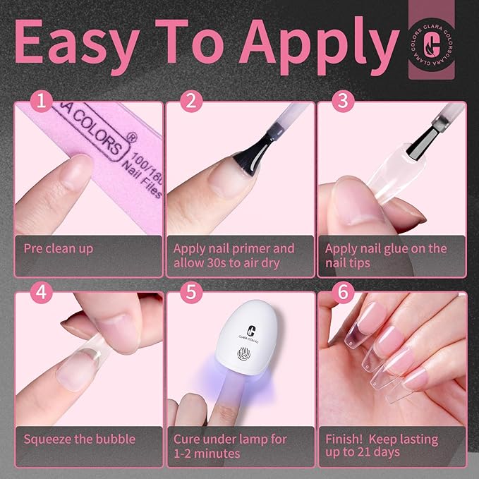 Clara Colors Nail Tips and Glue Gel Kit - 550Pcs Soft Tips Half Matte Medium Coffin Shape